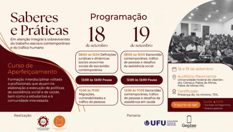Arte de divulgação do curso Saberes e Práticas, sobre trabalho escravo contemporâneo e tráfico de pessoas. Imagem produzida com inteligência artificial.