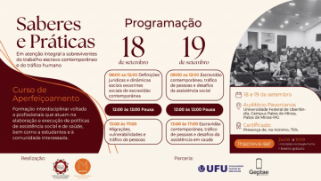 Arte de divulgação do curso Saberes e Práticas, sobre trabalho escravo contemporâneo e tráfico de pessoas. Imagem produzida com inteligência artificial.